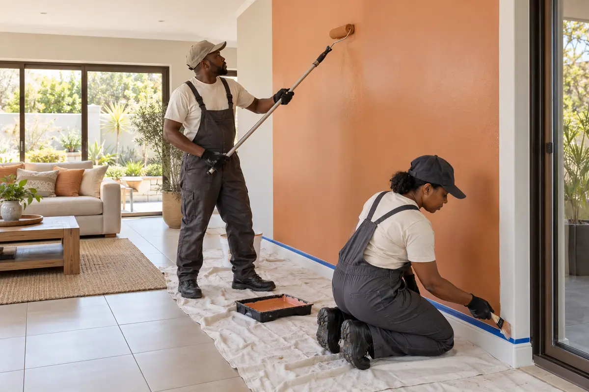 Two South African painters applying a neat interior finish