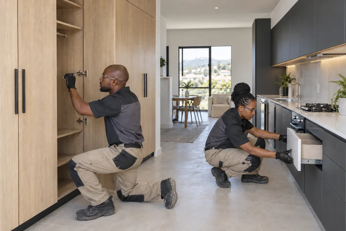 Two South African cabinet installers fitting wardrobes and kitchen units